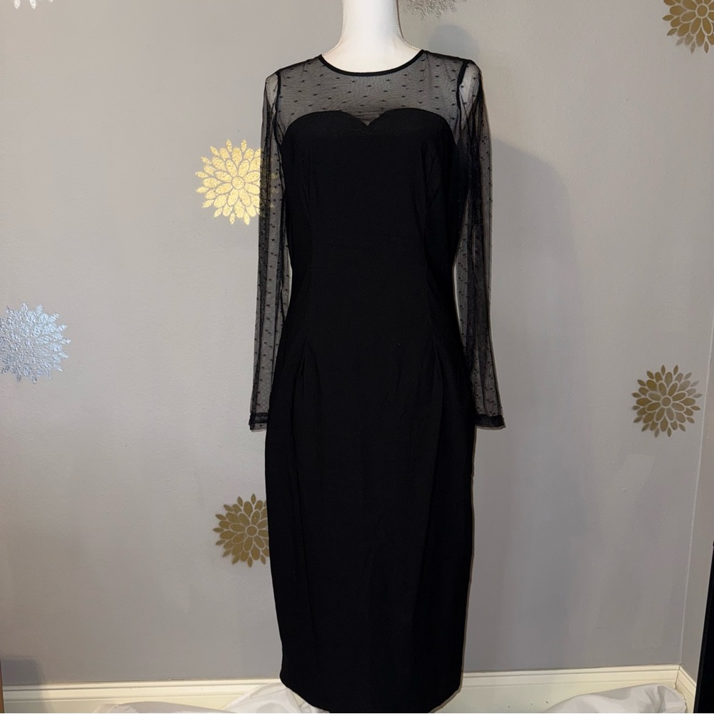 Elegant Black Lace Chest/Sleeves Mid-Calf Dress Sophisticated Goth‎ Ladies L
